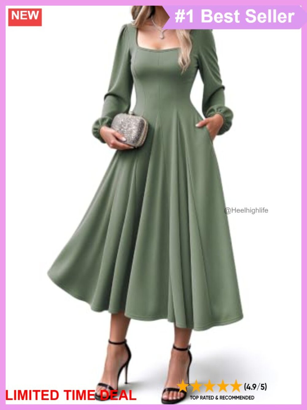 Women's Long Sleeve Maxi Dress Square Neck Lantern Sleeve Pockets